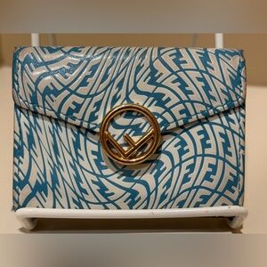Fendi Cyber Blue Leather Vertigo Print Small Trifold Wallet